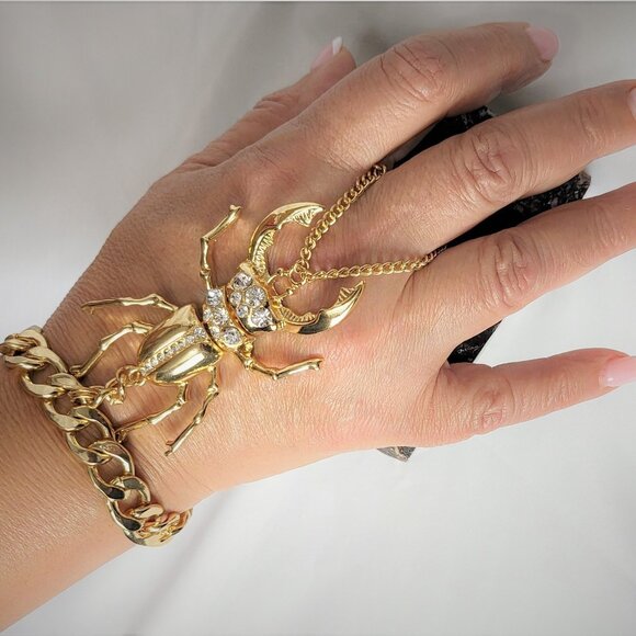 Large Beetle ring cuff bracelet connected ring Cuff Bracelets Set -Men /Women - Picture 2 of 10